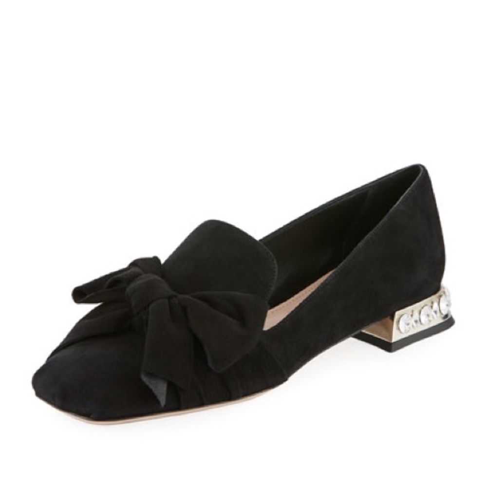 Miu Miu Black Suede Bow Jeweled Donna Loafers 38